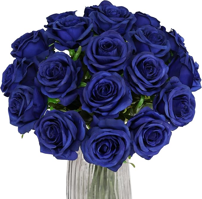 Blue Fake Roses Artificial Flowers - 10 Pcs Fake Artificial Roses Silk Flowers with Stems for Home Wedding Hotel Office Centerpiece Decor（Navy Blue）