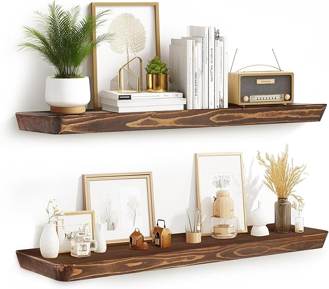 36"x6.8"x1.6" Slanted Floating Wall Shelves 2-Pack - Rustic Brown Finish, Heavy-Duty Solid Wood Design with Hidden Brackets - Perfect for Living Room, Kitchen, Bathroom, or Office