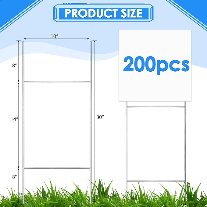 200 Pcs H Stakes for Yard Signs 30'' x 10'' Metal Heavy Duty H Frame Wire Stakes Weatherproof Metal Holder for 4mm 5mm Corrugated Signs Advertising Board Guidepost Yard Halloween Decor