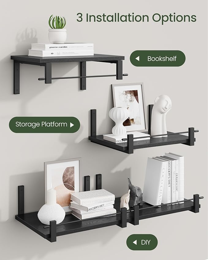 Deep Floating Shelves for Wall, 12 inch Wall Mounted Shelves Set of 2, Wide Floating Shelves for Living Room, Bedroom, Study, Bathroom, Black TBJ02P2BB