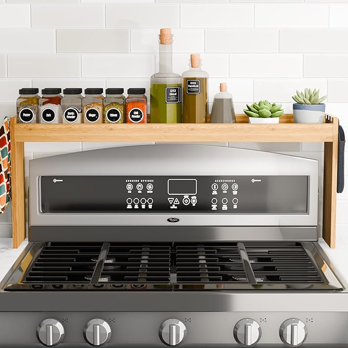 Edgecrest Bamboo Over The Stove or Sink Modern Spice Shelf, No Annoying Middle Screw, 31.5” Wide Storage, 11.4” High Countertop Shelf, 6 Side Hooks, Easy to Assemble, Eco-Friendly Durable Material