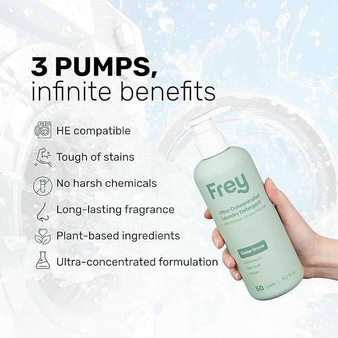 FREY Concentrated Liquid Laundry Detergent | Formulated for Sensitive Skin & HE Washers | Removes Stains Effectively | 50 Loads per Bottle (1-pack Cedar Grove)