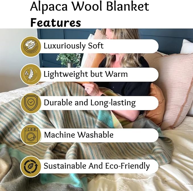 Alpaca Wool Throw Blanket | Super Soft, Lightweight, Breathable and Hypoallergenic | Non-Itchy or Scratchy (Green Gray Varicolored, Queen (U.S. Standard))