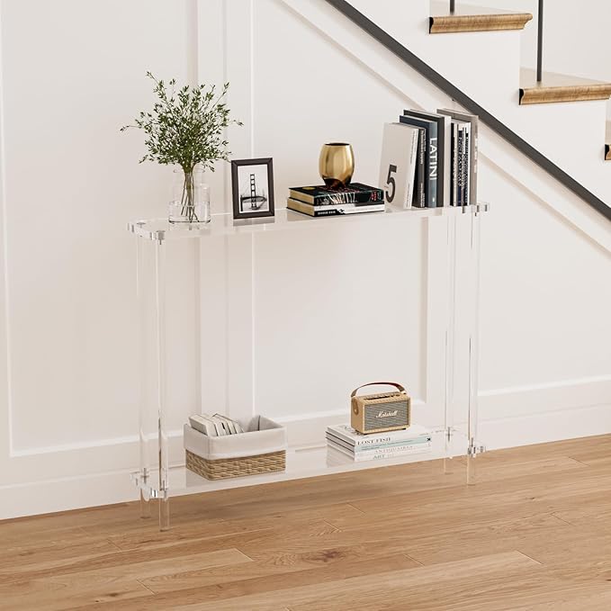 Acrylic Console Table, 2 Tier Acrylic Narrow Console Tables for Entryway,CHICUN, Square Legs, Skinny Console Table for Foyer, Sofa, Living Room,Clear