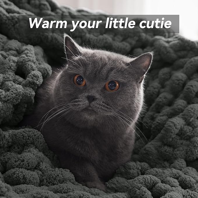 Chunky Knit Throw Blanket, 60''*80'' Knitted Throw Chenille Yarn for Bed Couch, Handmade Dark Grey Crochet Big Thick Blanket, Machine Washable Cute Comfy Blanket for Home Decor