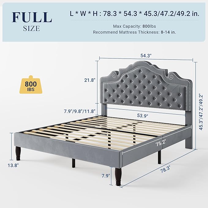 Allewie Full Size Bed Frame with Adjustable Velvet Tiara Headboard, Upholstered Diamond Button Tufted Platform Bed, Wood Slats Support, No Box Spring Needed, Light Grey