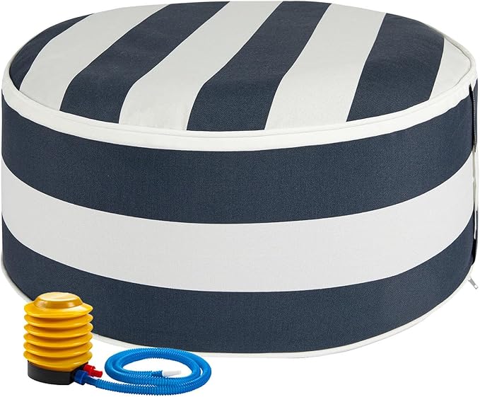 FUNHOME Inflatable Outdoor Ottoman with Air Pump,20"x9" Portable Patio Pouf,Water Resistant,Fade-Resistant,Round Blow Up Footrest Stools for Home Garden Camping Travel(Blue White)