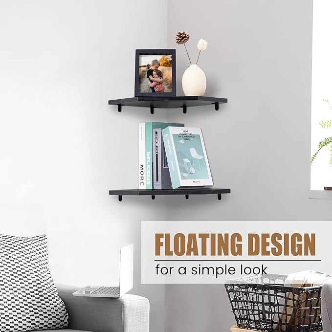 Corner Shelf Wall Mount, Floating Corner Shelves, Set of 2 Corner Wall Shelf Organizer, Rustic Wood Wall Storage Display Shelves for Living Room Bedroom Bathroom Kitchen, Classic Black