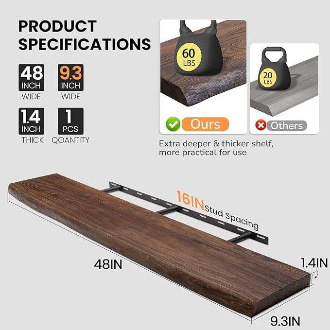Floating Shelves for Wall, 48"x9.3" Rustic Solid Live-Edge Elm Wood Wall Shelves, Heavy-Duty Floating Shelves with Invisible Brackets, Set of 2 for Living Room, Bedroom, and Kitchen, Walnut Finish