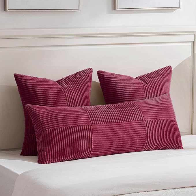Fancy Homi 2 Packs Burgundy Euro Decorative Throw Pillow Covers 28x28 Inch for Bed, Rustic Farmhouse Boho Home Decor, Soft Corss Corduroy Patchwork Textured Square Cushion Case 71x71 cm