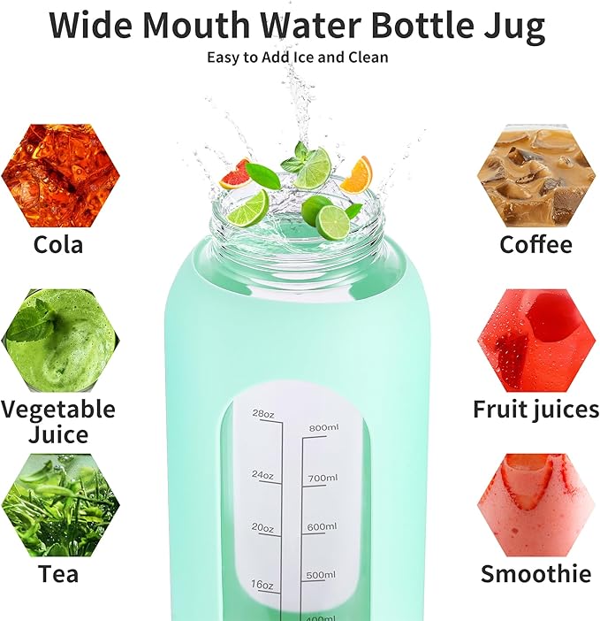 64 oz Glass Water Bottle With Straw and Handle, Half Gallon Sports Motivational Water Jug Flask with Silicone Sleeve, Large Water Cup with Time Marker for Travel, Gym, Army Green