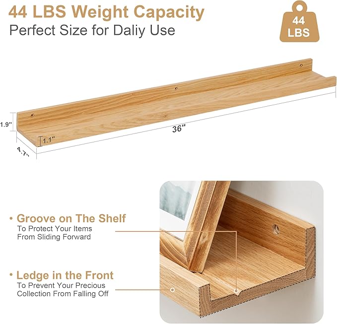 Floating Picture Ledge Shelves 36 Inch Solid Oak Wood Set of 2, Rustic Wall Storage Shelves with Lip, Kids Bookshelf, Photo & Picture Ledge Shelves for Bedroom, Living Room, Kitchen