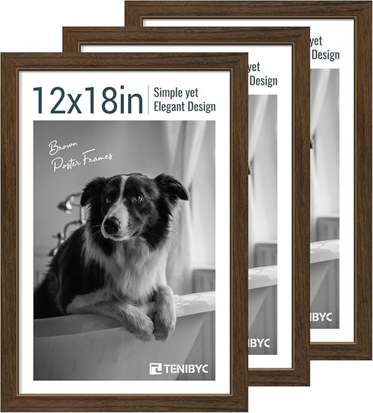 12x18 Poster Frame 3 Pack - Brown Woodgrain, Wood Poster Frame, HD Tempered Glass, Wall Gallery Picture Photo Frame