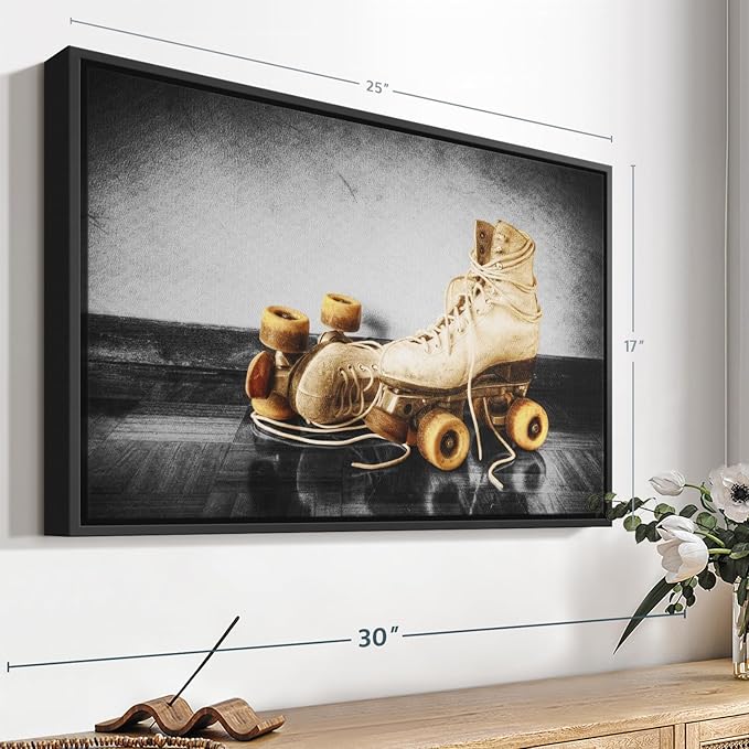 ElephantStock Vintage Skates Pop Wall Art - Horizontal Framed Canvas - 1-Piece Living Room Wall Decor - Sport Photography Canvas Print - Beige and Black Decor for Wall - 25" X 17"