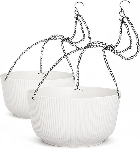 Dexceder 9.8 Inch Self Watering Hanging Planters Indoor Outdoor, Thickened Hanging Basket Flower Plant Pot (2 Pack, White)