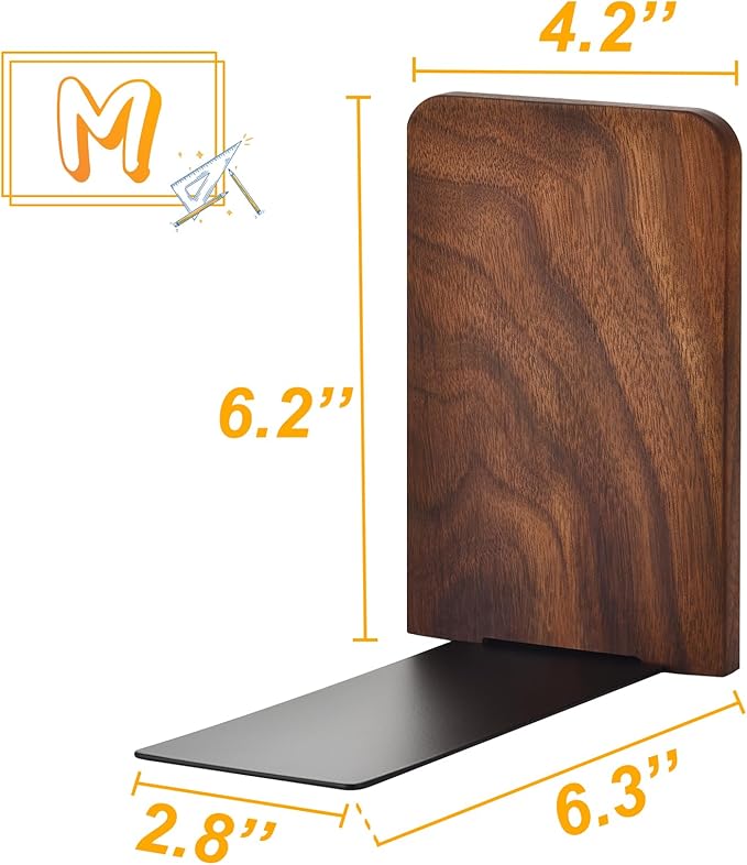 Book Ends, Black Walnut Wooden Bookends for Shelves - Heavy Duty Non-Slip Book Organizers, Upgraded Decorative Bookend Holders for Home, Kitchen, Office, Set of 2, Medium