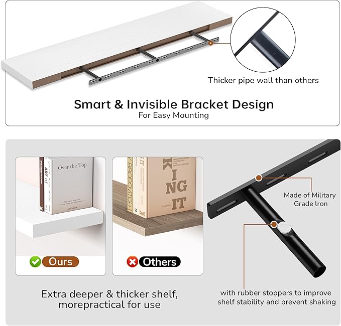 Fun Memories 55 Inch Floating Shelves - 9 Inch Deep Rustic Wooden Wall Shelves - Extra Deeper & Thicker Wall Mounted Storage Shelf for Living Room, Kitchen, Farmhouse - 55" W x 9" D x 1.8" H - White