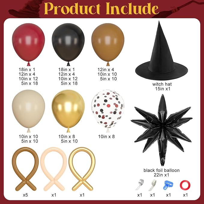 Amandir Magical School Balloons Arch Garland Kit, Maroon Burgundy Black Gold Confetti Balloons with Witch Hat Foil Star Balloon for Magic Themed Birthday Decorations Baby Shower Party Supplies