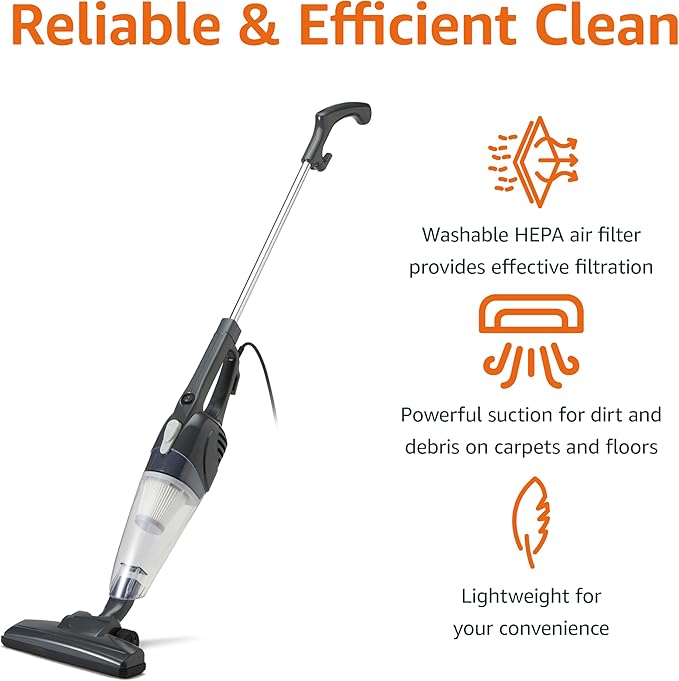Amazon Basics 2-in-1 Corded Stick Vacuum Cleaner, Convertible to Handheld, Lightweight (3.9 LBS), with Washable HEPA Filter, Crevice Tools, 0.5L Dust Cup, 19.7-Ft Cord, 300W, Black