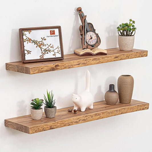 Floating Shelves for Wall, 32" Live Edge Solid Elm Wood Floating Shelf, Wall-Mounted Display Shelves with Invisible Heavy-Duty Metal Bracket, Floating Shelf for Kitchen (Natural, Set of 2)