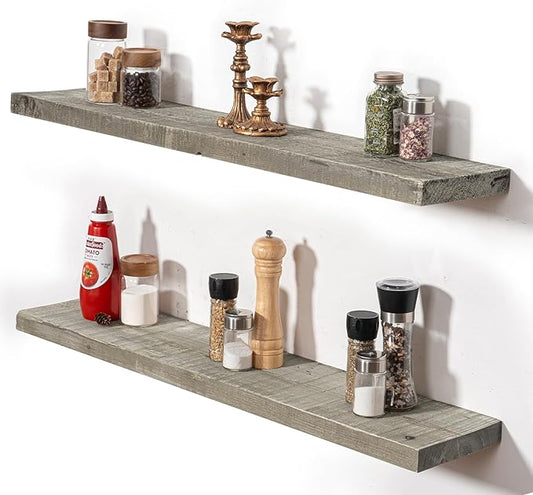 Fun Memories Floating Shelves for Wall Decor, 36"x8" Rustic Reclaimed Wood Shelves, Heavy-Duty Wall Mounted Shelves with Invisible Brackets, Set of 2for Living Room, Bedroom, Kitchen, Grey Finish