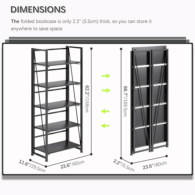 4NM No Assembly Foldable Bookshelf, 5-Shelf Collapsible Bookcase Storage for Small Spaces, 62.2" H, All Black