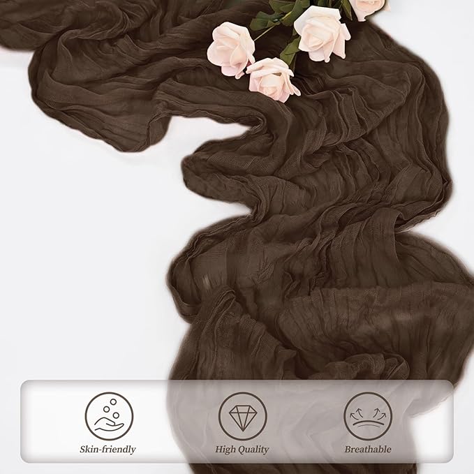 10FT 12 Pack Brown Cheesecloth Table Runner 20 x 120 Inch Long Boho Fabric Rustic Cheese Cloth Table Runner for Wedding Bridal Shower Baby Shower Gauze Sheer Birthday Party Table Decorations