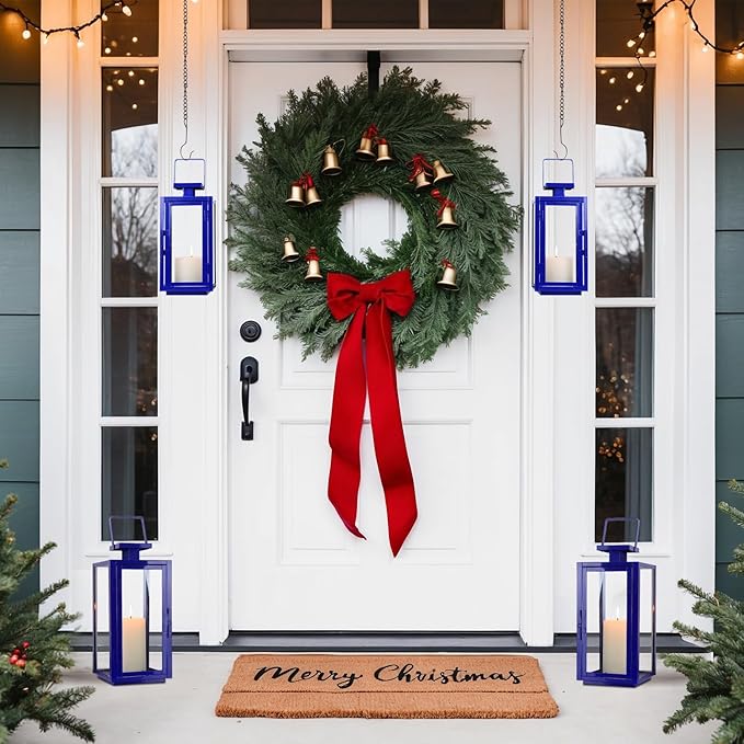 DECORKEY Lantern Decorative Outdoor&Indoor, 17''&13'' Set of 2 Blue Metal Candle Lanterns Decor, Modern Hanging/Tabletop Candle Holders for Home Porch Patio Wedding Christmas Fall Decorations