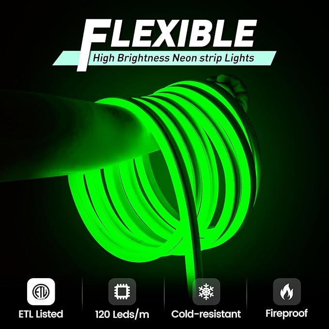 GZBtech Flexible LED Neon Rope Lights 33FT,AC 110-120V Waterproof Strip Light, 120 LEDs/M Cuttable Connectable Neon Lighting for Indoor Outdoor Home Decor/Commercial Building Use-Green 10M