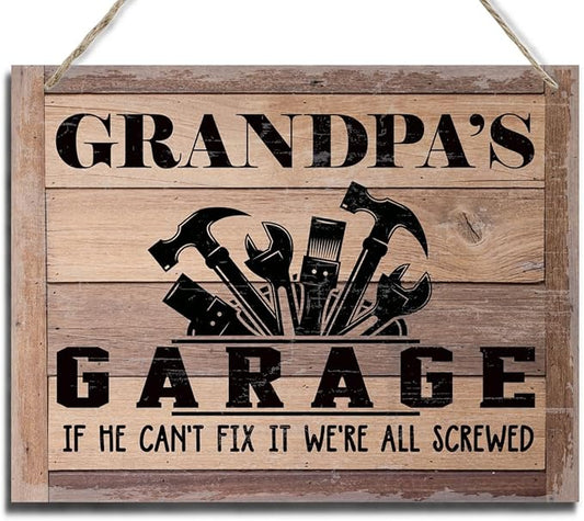 BQL Rustic Wood Sign, Father's Day Gift, Grandpa's Gift, Decor Hanging Wood Sign, 8X10inch, Printed Wood Wall Art Sign, Grandpa's Garage, If He Can't Fix It We're All Screwed