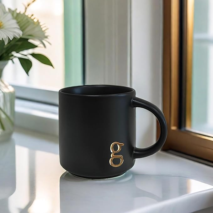 COLLECTIVE HOME - Black Monogram Ceramic Mugs, 15 oz Golden Initial Coffee Cups, Elegant Alphabet Tea Mugs, Personalized Halloween Mug with Gift Box, Perfect for Office and Home Décor (g)