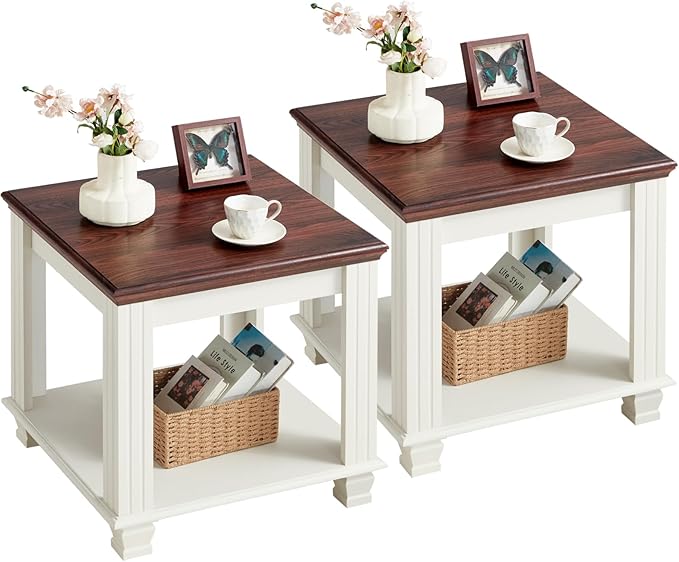 Farmhouse End Table Set of 2,Large Side Table with 2-Tier Storage Shelf,Rustic Wood End Tables for Living Room,Square Tea Table,White