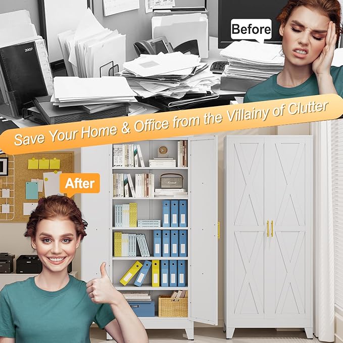 75" Tall Metal Kitchen Pantry Storage Cabinet, Freestanding Cupboard with 2 Doors and 5 Adjustable Shelves, Standing Storage for Kitchen, Bathroom, Garage, Dinning Room or Utility Room（White）