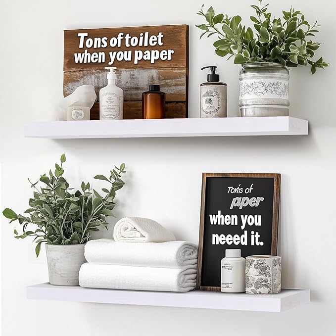 24"x6.8"x1.2" Solid Wood Floating Shelves 2-Pack - Rustic White Finish with Hidden Brackets, Perfect for Storage and Décor in Living Room, Kitchen, Bedroom