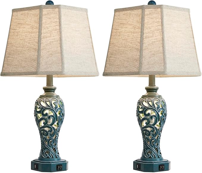 25'' Farmhouse Table Lamps Set of 2 for Living Room Bedroom, 2 USB Ports Coastal Vintage Table Lamp with Nightlight, Blue Green Hollow Out Resin Lamp for End Table (Bulbs Included)