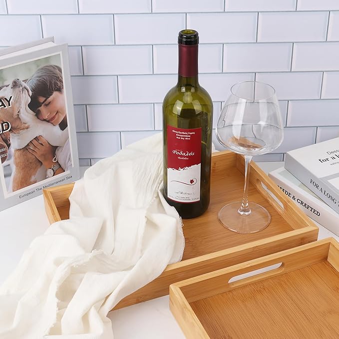 3 Pack Large Bamboo Serving Tray with Handles, 14 x 10 inch Wooden Dinner Tray, Home Kitchen Breakfast Trays for Living Room Bedroom Kitchen Dinner Table, Picnic