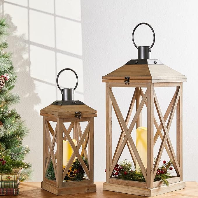 Glitzhome Mondern Farmhouse Wood Metal Lanterns Decorative Hanging Candle Lanterns Set of 2, Natural (No Glass)