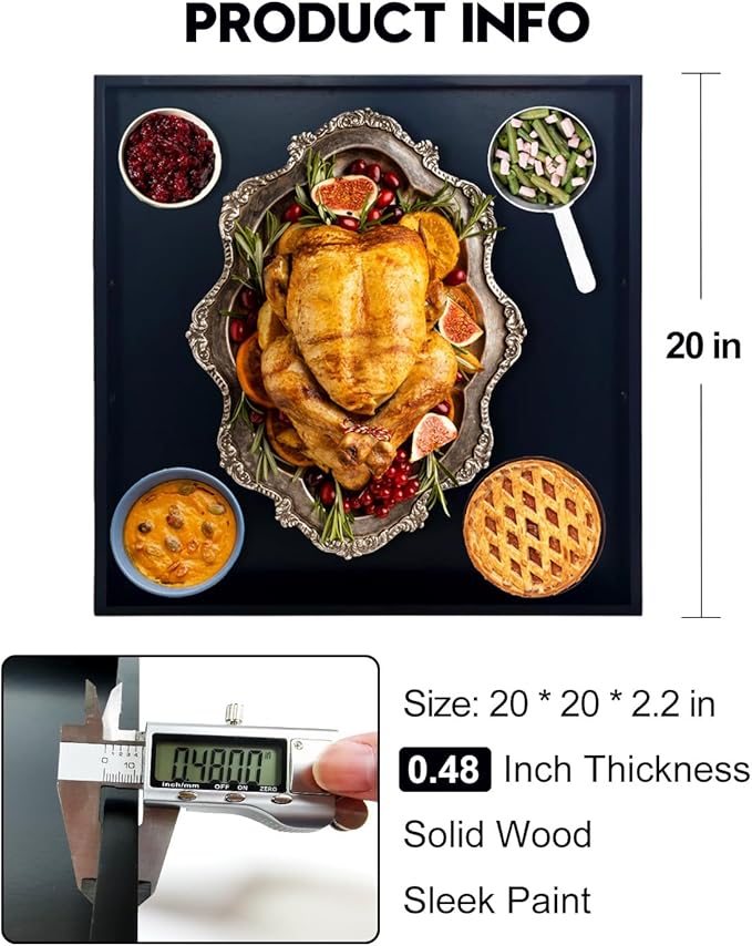 20 Inches Square Wooden Ottoman Tray Black, Large Wood Serving Tray with Handles for Living Room, Serving Food Breakfast, Ottoman Coffee Table Couch Sofa Kitchen