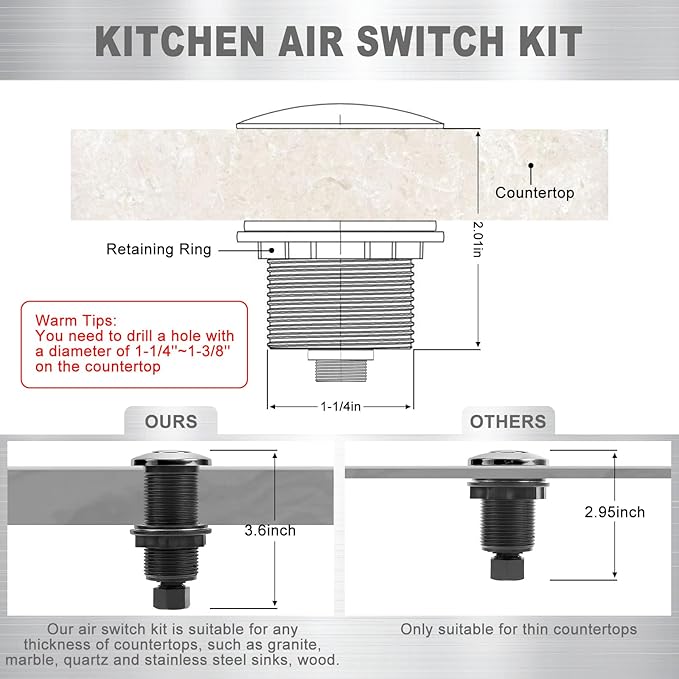 Garbage Disposal Air Switch Kit, Garbage Disposal Button, Sink Top Waste Disposer On/Off Switch, UL Listed Air Switch Compatible with All Garbage Disposals (Brushed Stainless Steel）