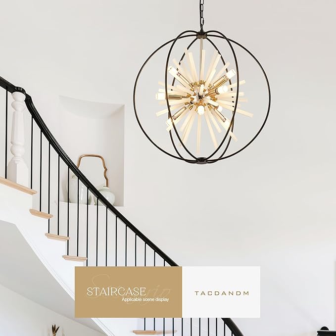 23.6" Black Gold 12-Light Globe Sputnik Chandelier Modern Adjustable Hanging Ceiling Glass Tube Pendant Light Fixture for Entryway Foyer Staircase Dining Living Room Hallway