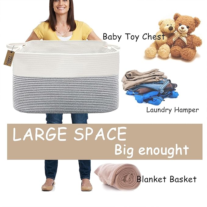 COMFY-HOMI Large Rectangle Laundry Storage Basket | Cotton Rope Woven, Organizing with Handle | Dirty Cloth & Baby Shower Basket | 22x15x12' - White/Grey