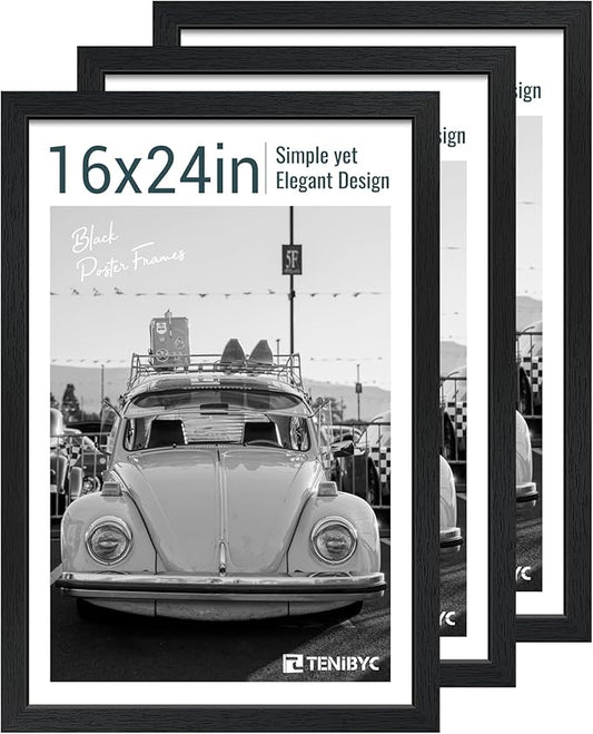 16x24 Poster Frame 3 Pack - Black, Textured Solid Wood Picture Frame, Wall Gallery Photo Frame