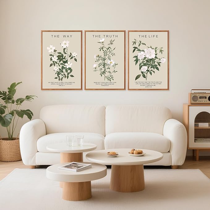 Aurlan The Way The Truth The Life Bible Verse Framed Wall Art(16"x24"), 3PCS Boho Christian Scripture Canvas Artwork, Large Floral Botanical Job 23:11 Psalm 43:3 John 14:6 Decor for Home Bedroom