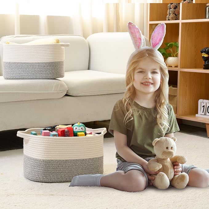 Cotton Rope Woven Storage Basket, Used for Baby Hamper Toy Organizer, Gift Baskets Empty,Kids Laundry Basket,Baby Blanket Basket. Size 15x10x8.7 Inches. (White&Grey-3PCS)