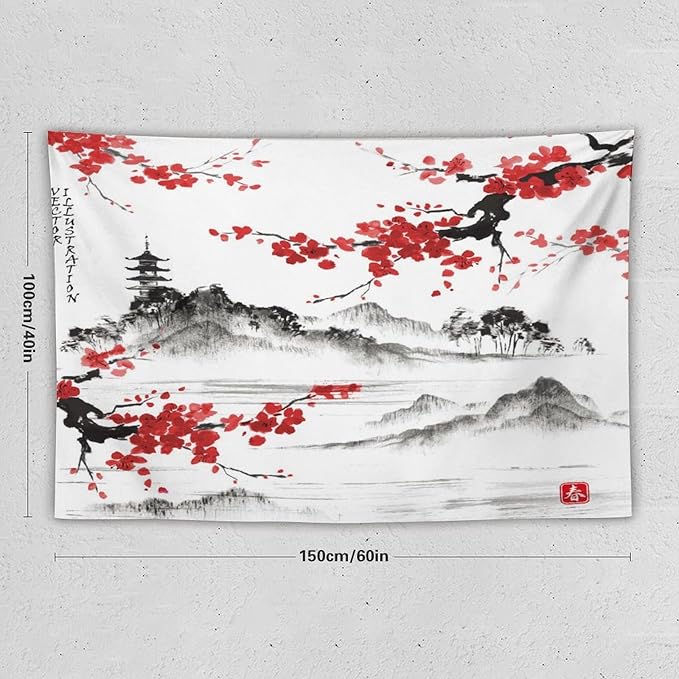 Cherry Blossoms Tapestry, Japanese Fuji Mountain Tapestry, Asian Japanese Wall Tapestry, Nature Landscape Tapestries for Bedroom Living Room Decor 60"x40"
