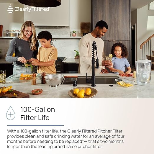 Clearly Filtered No.1 Filtered Water Pitcher/Updated Model/Targets 365+ Contaminants e.g. Fluoride Chlorine PFAS Microplastics Lead Arsenic BPA/BPS Free (Pitcher Includes 1 Filter)