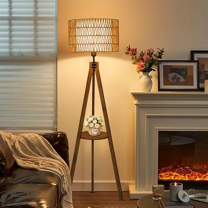 Boho Tripod Floor Lamps for Living Room, Rattan Wood Floor Lamp with Fabric Shades, Mid Century Standing Lamp with Shelf, Foot Switch, Modern Farmhouse Tall Lamps for Bedroom Office Brown
