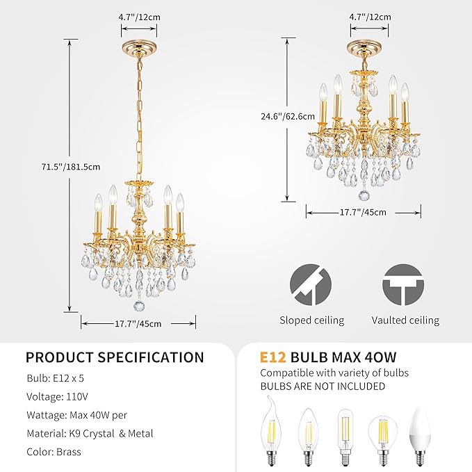 French K9 Crystal Maria Theresa Chandeliers, Luxury Vintage Pendant Light Fixture for Dining Room, Living Room, D17.7*H25~72 inch (Adjustable), Clear Crystal & Brass Finish Frame