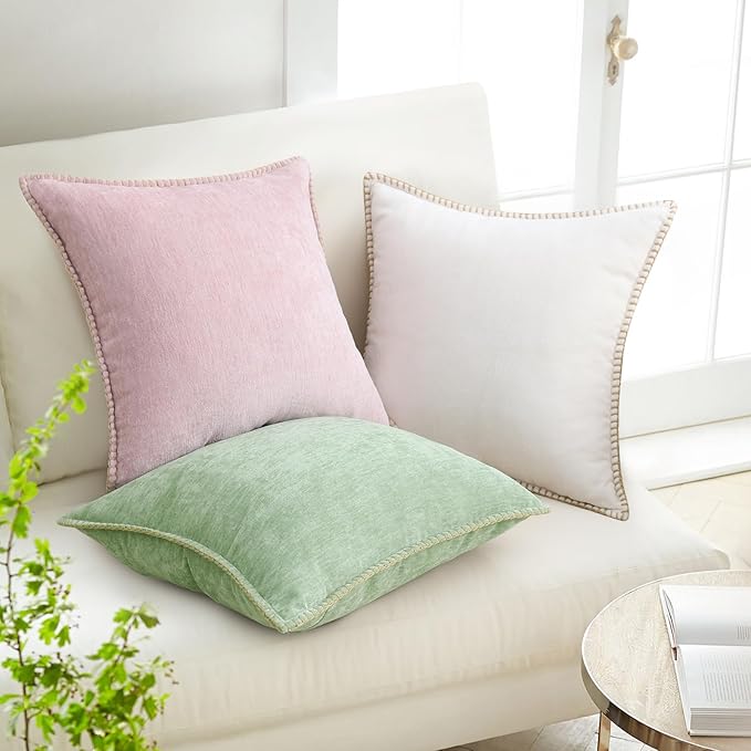 decorUhome Chenille Soft Throw Pillow Covers 16x16 Set of 2, Farmhouse Velvet Neutral Decorative Euro Pillow Covers with Stitched Edge for Couch Sofa Bed Home Decor, Sage Green