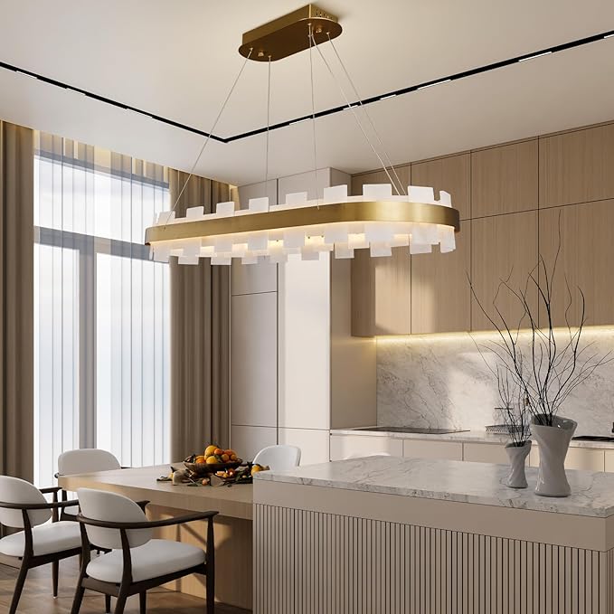 37.4" Natural Spanish Alabaster Rectangle Chandelier, Adjustable Luxury Ceiling Light for Dining Room Over Table, Kitchen Island, Modern Marble Chandeliers for Bedroom, Foyer, Entryway